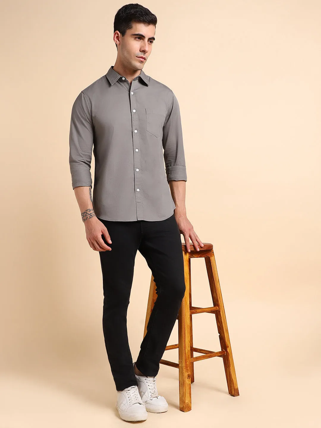 Men's Spread Collar Regular Fit Solid Beige Casual Shirts