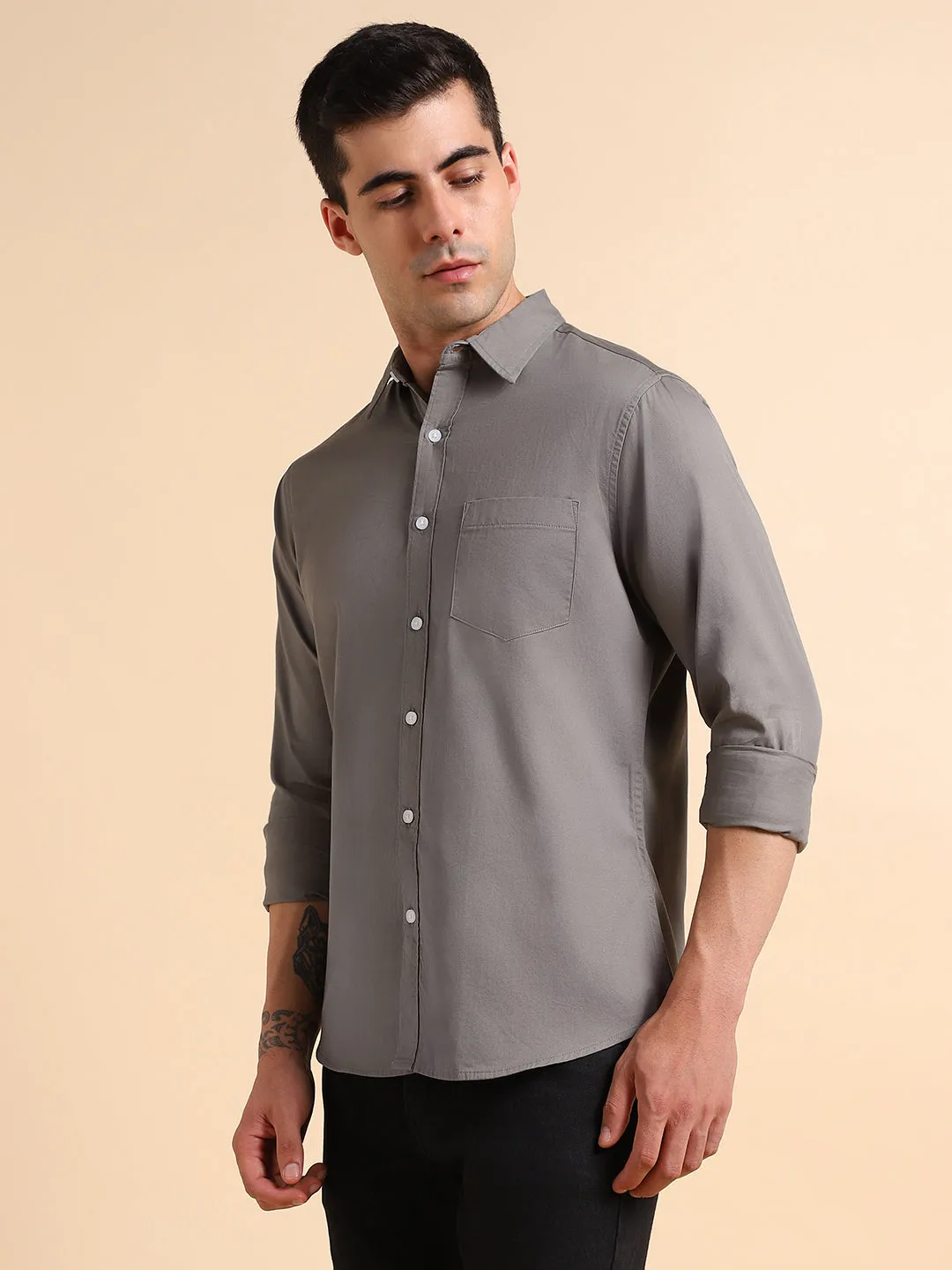 Men's Spread Collar Regular Fit Solid Beige Casual Shirts