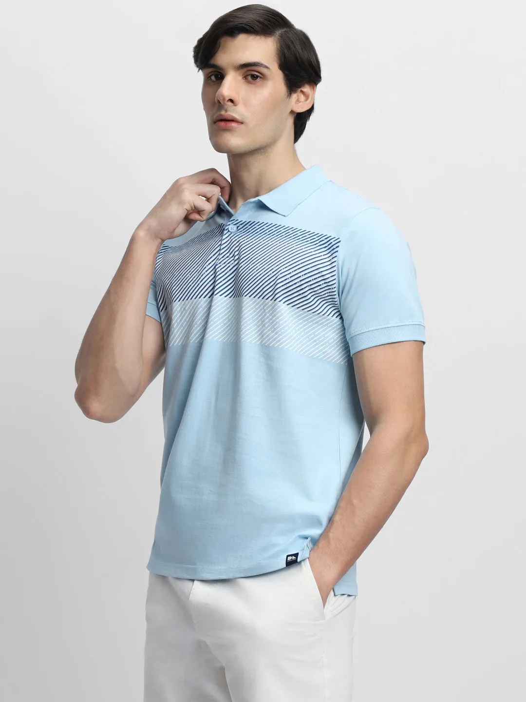 Men's Spread Collar Regular Fit Stripes Light Blue T-shirt