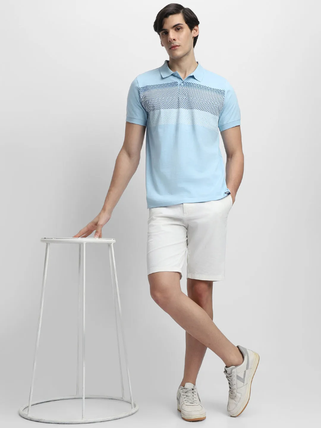 Men's Spread Collar Regular Fit Stripes Light Blue T-shirt