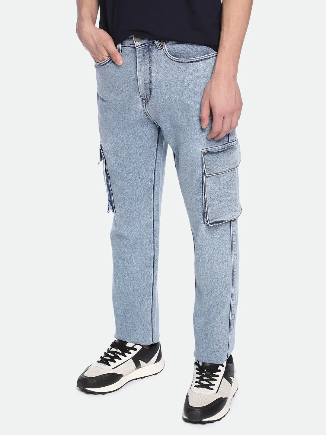 Men's Straight Cargo Washed MID BLUE Jeans