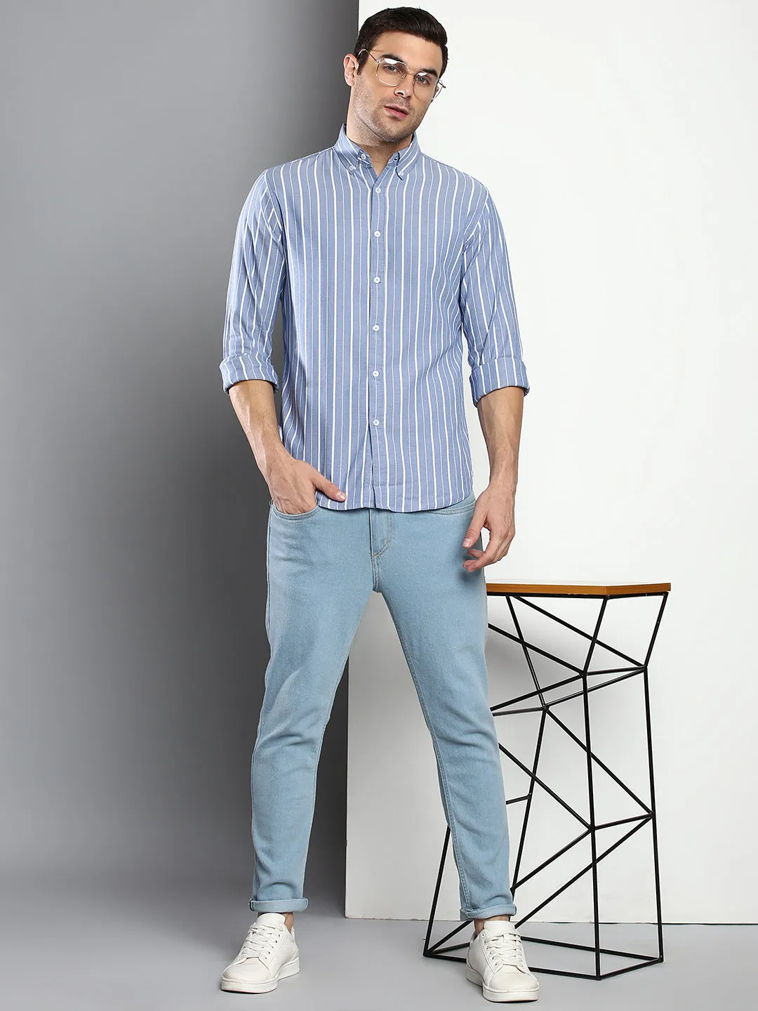 Men's Striped Blue Slim Fit Oxford Cotton Casual Shirt With Button Down Collar & Full Sleeves (C9039_Blue_S)