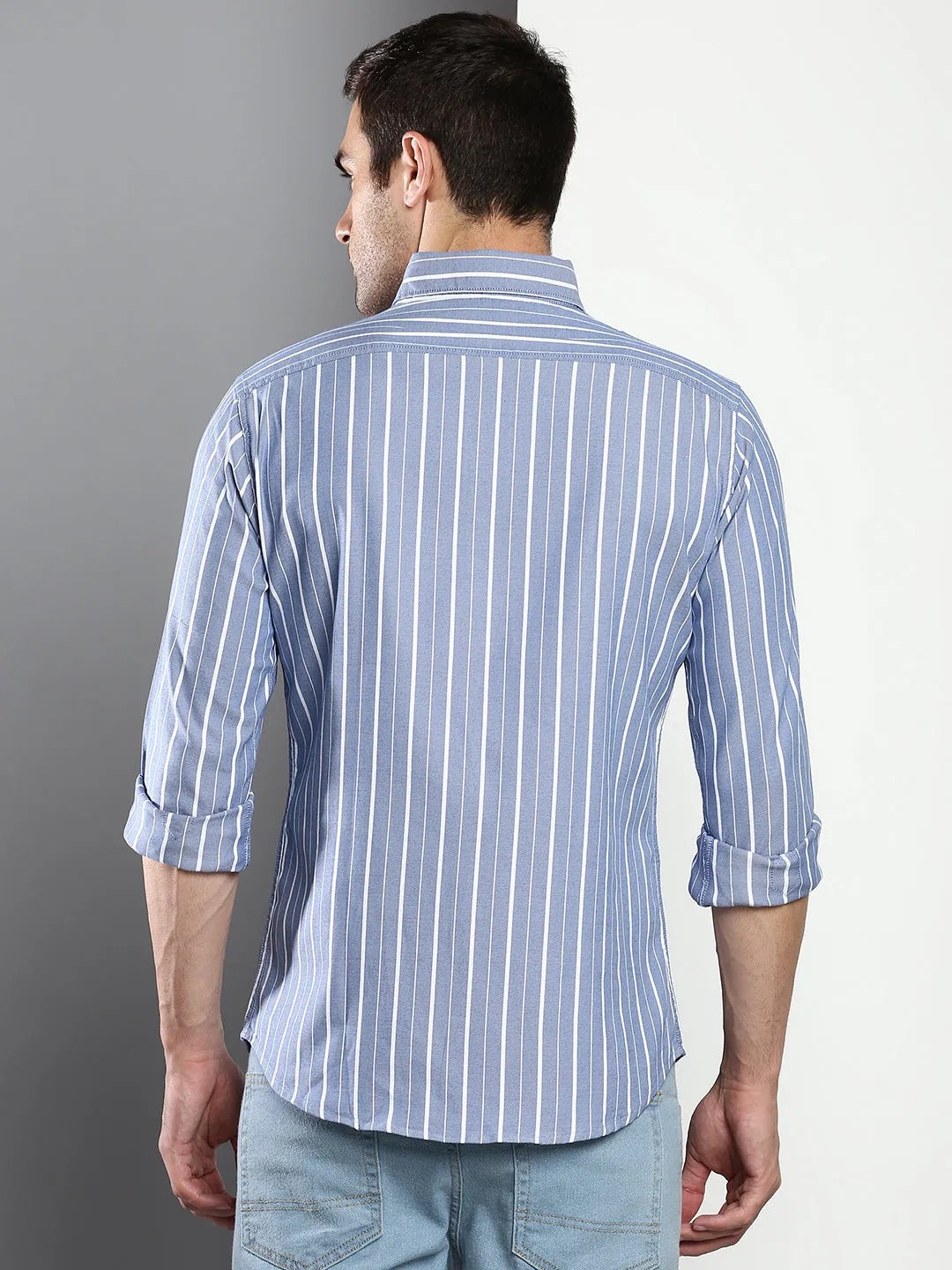 Men's Striped Blue Slim Fit Oxford Cotton Casual Shirt With Button Down Collar & Full Sleeves (C9039_Blue_S)