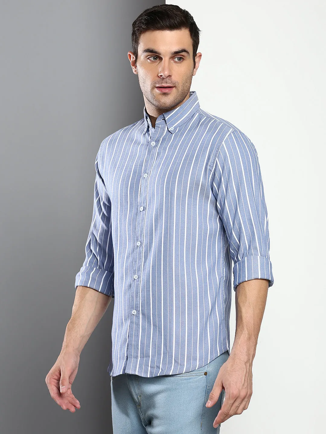 Men's Striped Blue Slim Fit Oxford Cotton Casual Shirt With Button Down Collar & Full Sleeves (C9039_Blue_S)
