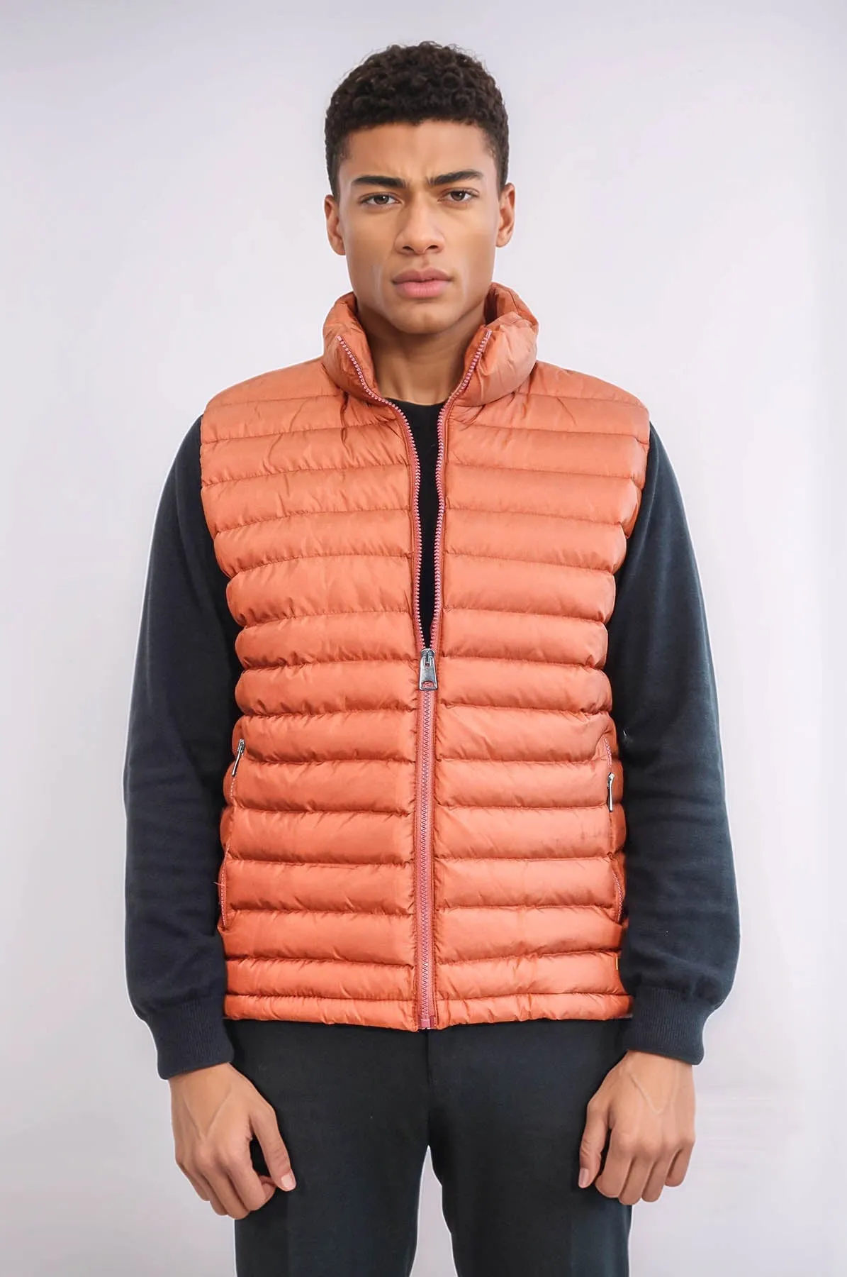 Quilted Zippered Orange Men Down Vest - Wessi
