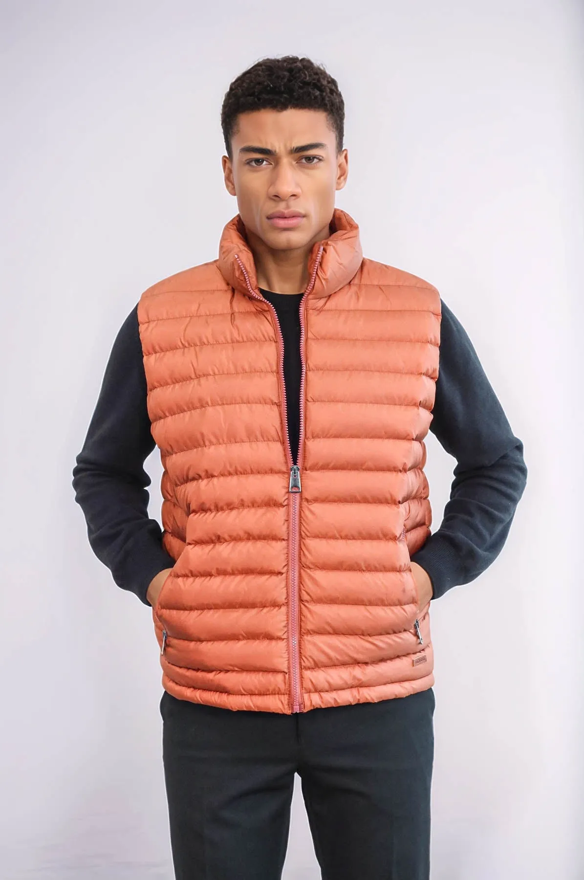 Quilted Zippered Orange Men Down Vest - Wessi