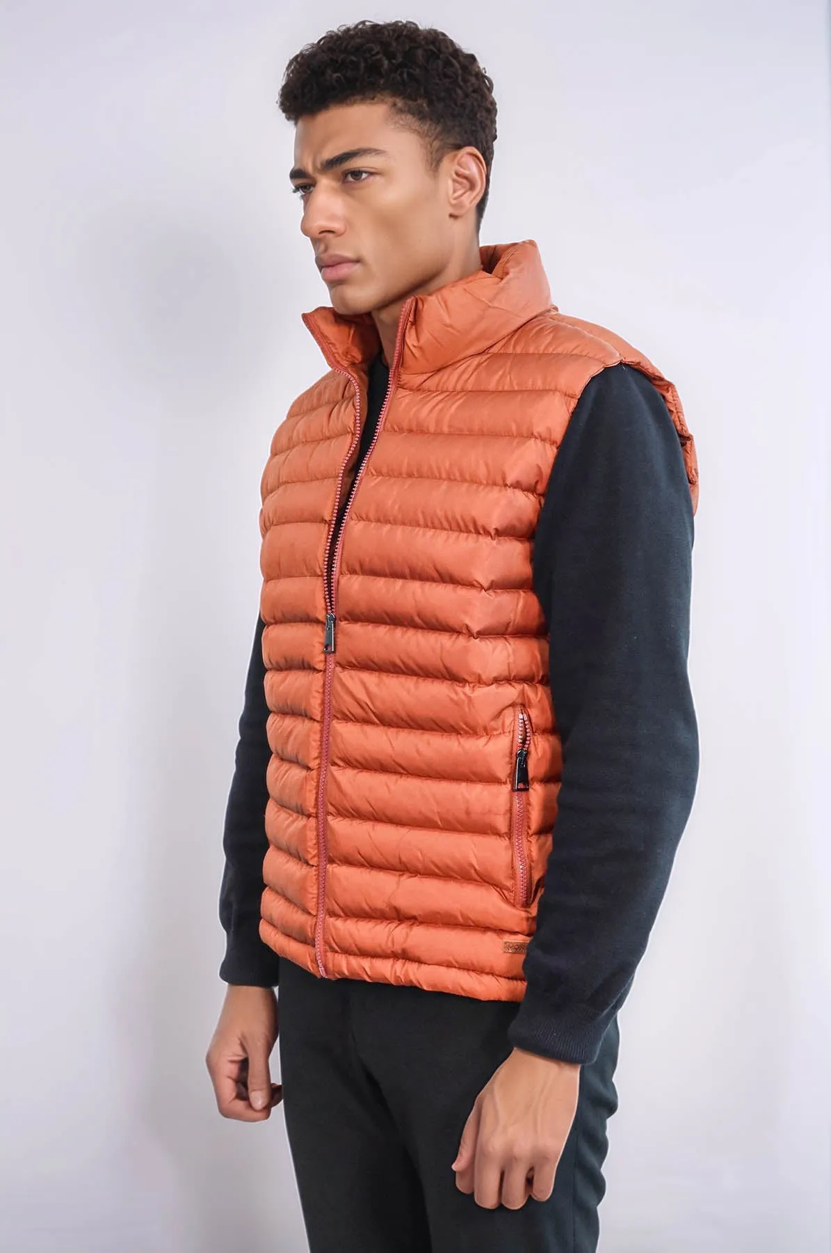 Quilted Zippered Orange Men Down Vest - Wessi