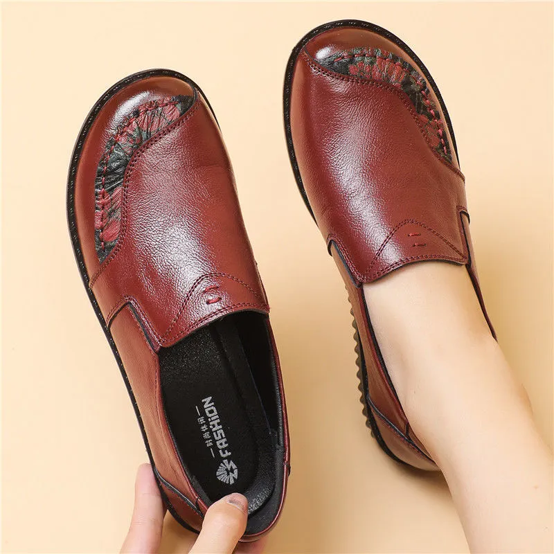 Vintage Genuine Leather Retro Flats Loafers Women Shoes With Floral Print