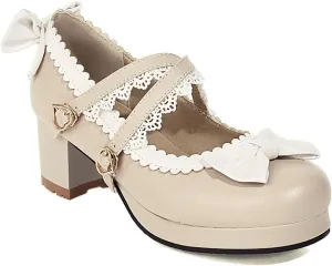 VOKLIN Women's Girls Lolita Mary Jane Shoes Sweet Bow Cross Ankle Strap Mid Heels Cosplay Oxford Dress Pumps