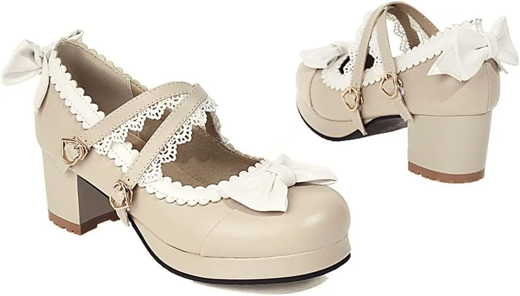 VOKLIN Women's Girls Lolita Mary Jane Shoes Sweet Bow Cross Ankle Strap Mid Heels Cosplay Oxford Dress Pumps