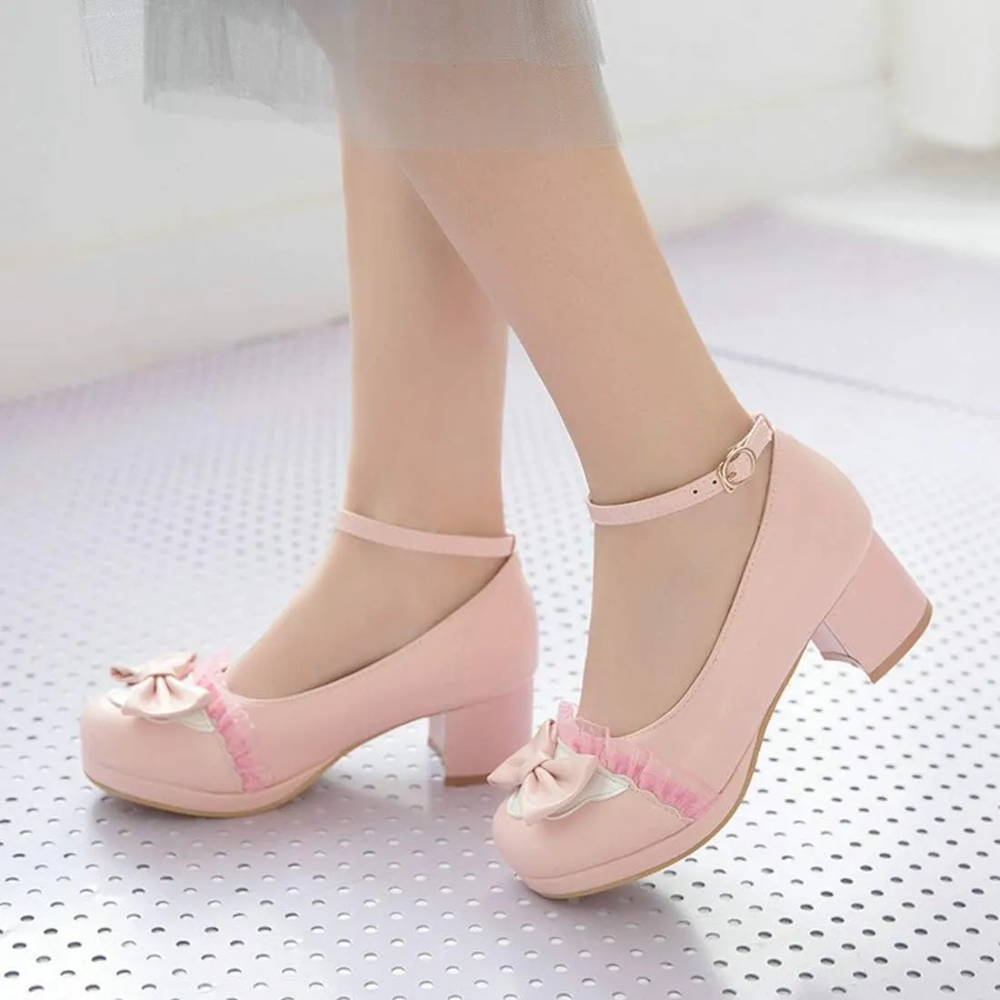 VOKLIN Women's Girls Lolita Mary Janes Pumps Cute Bow Ankle Strap Block Mid Heel Cosplay Oxford Dress Shoes