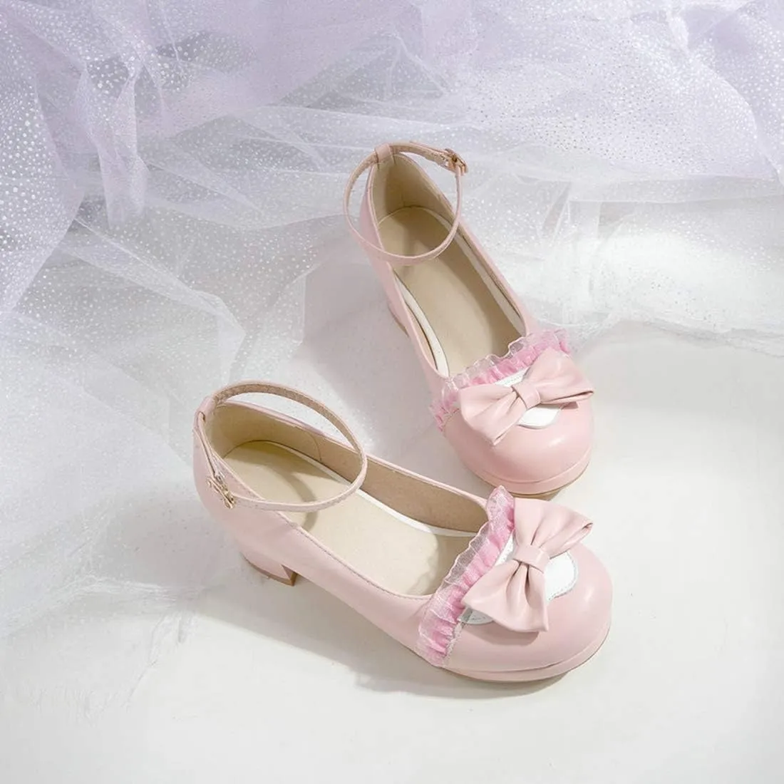 VOKLIN Women's Girls Lolita Mary Janes Pumps Cute Bow Ankle Strap Block Mid Heel Cosplay Oxford Dress Shoes