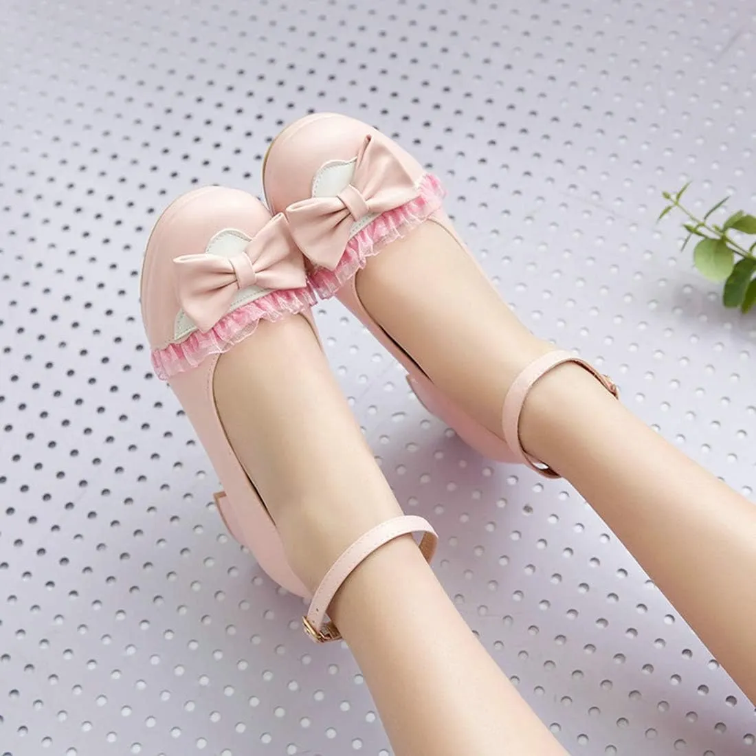 VOKLIN Women's Girls Lolita Mary Janes Pumps Cute Bow Ankle Strap Block Mid Heel Cosplay Oxford Dress Shoes