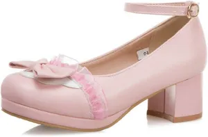 VOKLIN Women's Girls Lolita Mary Janes Pumps Cute Bow Ankle Strap Block Mid Heel Cosplay Oxford Dress Shoes