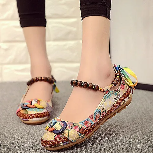 Women Ethnic Lace Up Beading Round Toe Comfortable Flats Colorful Loafers Shoes