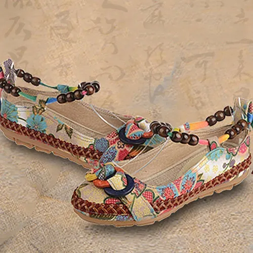 Women Ethnic Lace Up Beading Round Toe Comfortable Flats Colorful Loafers Shoes