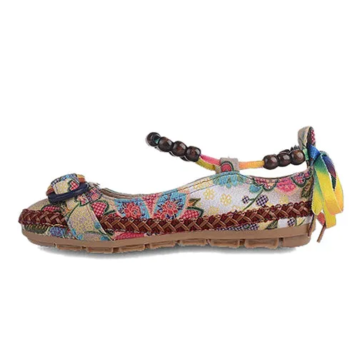 Women Ethnic Lace Up Beading Round Toe Comfortable Flats Colorful Loafers Shoes