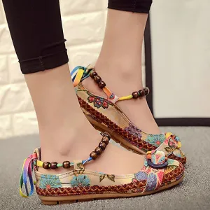 Women Ethnic Lace Up Beading Round Toe Comfortable Flats Colorful Loafers Shoes