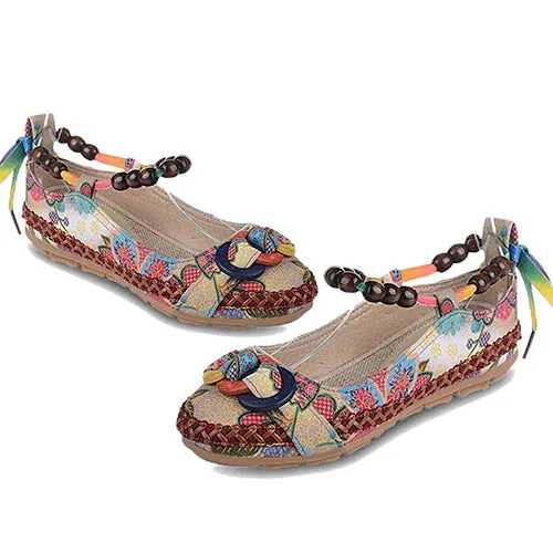 Women Ethnic Lace Up Beading Round Toe Comfortable Flats Colorful Loafers Shoes