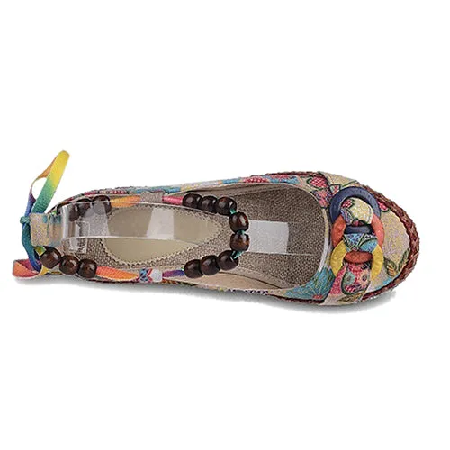Women Ethnic Lace Up Beading Round Toe Comfortable Flats Colorful Loafers Shoes
