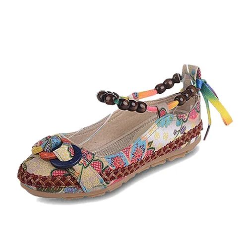 Women Ethnic Lace Up Beading Round Toe Comfortable Flats Colorful Loafers Shoes